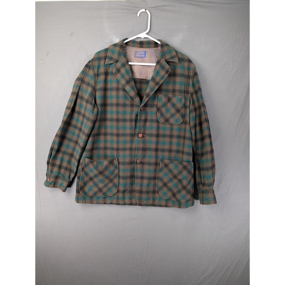 Pendleton Wool Plaid Board Jacket Brown Teal Large 5174